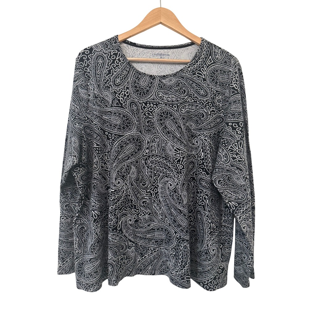Croft & Barrow Womens 3X Paisley Long Sleeve Cotton Top Crew Neck Casual Office